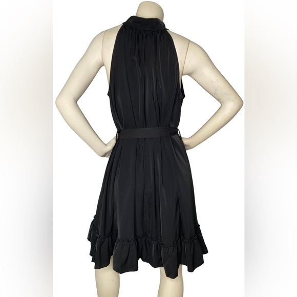KIRUNDO Black Silk Satin Button Down Sleeveless Ruffle Halter Dress, XL - Picture 3 of 9